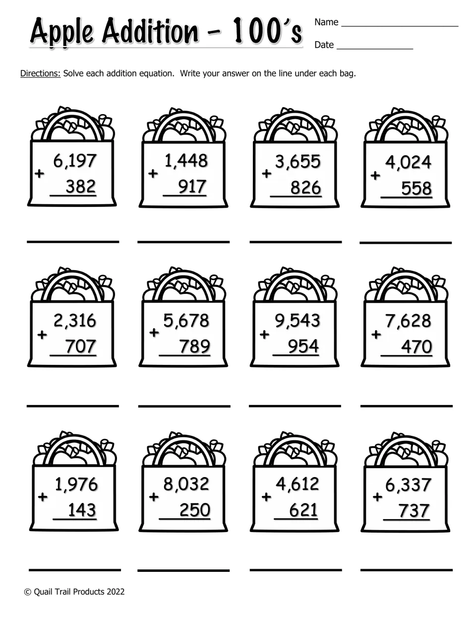 Black-and-white addition worksheet: 12 problems adding three-digit numbers to four-digit numbers