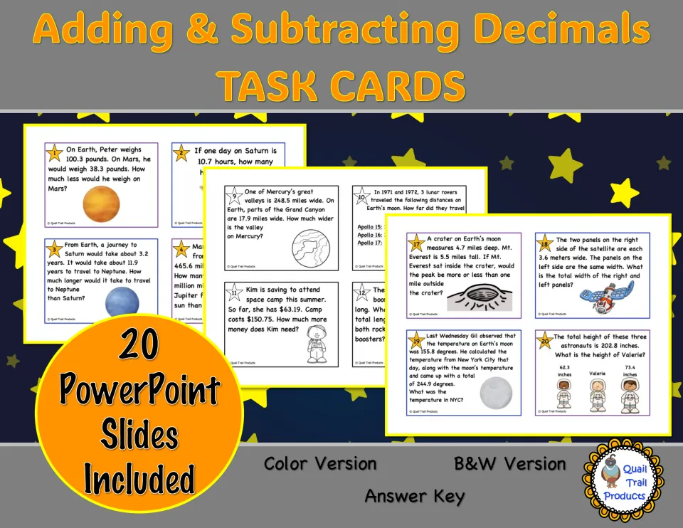 Cover of the decimal task card resource advertising 20 PowerPoint slides, color and B&W versions, and an answer key