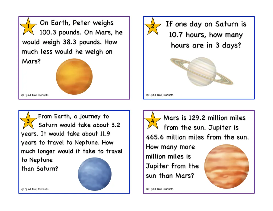 Color decimal task cards 1–4 compare planetary weights, Saturn day lengths, travel times, and sun distances