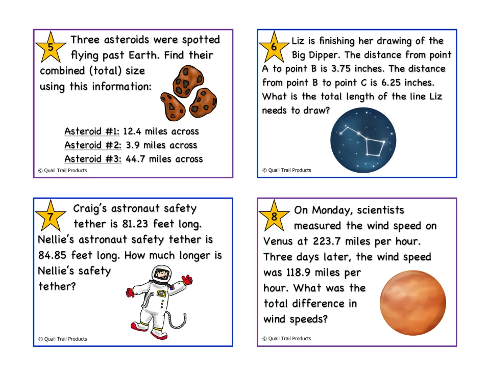 Color decimal task cards 5–8 cover asteroid sizes, a Big Dipper drawing, astronaut tethers, and Venus winds