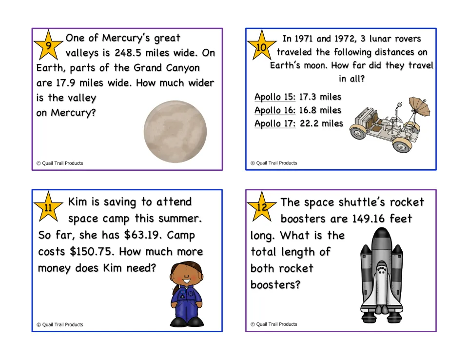 Color decimal task cards 9–12 cover valley widths, lunar rover distances, space camp costs, and rocket boosters