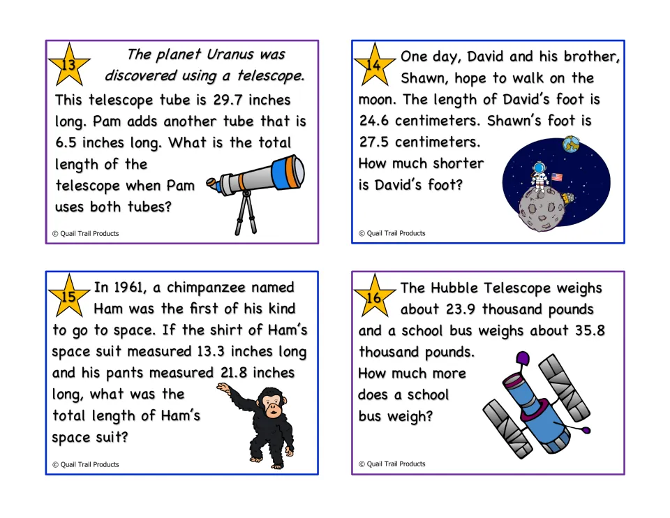 Color decimal task cards 13–16 cover telescope length, foot lengths, Ham’s space suit, and Hubble’s weight