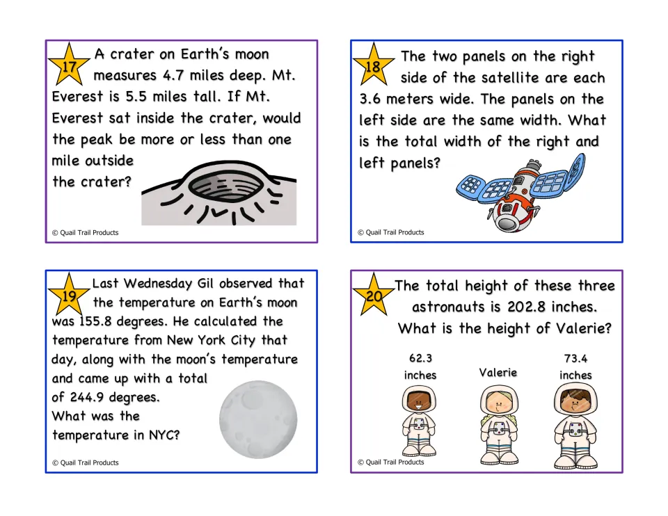Color decimal task cards 17–20 cover crater depth, satellite panel widths, temperatures, and astronaut heights