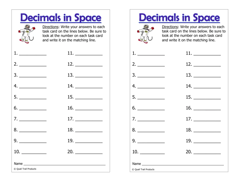 Decimals in Space recording sheet printed twice, with spaces for answers to task cards 1–20 and a name