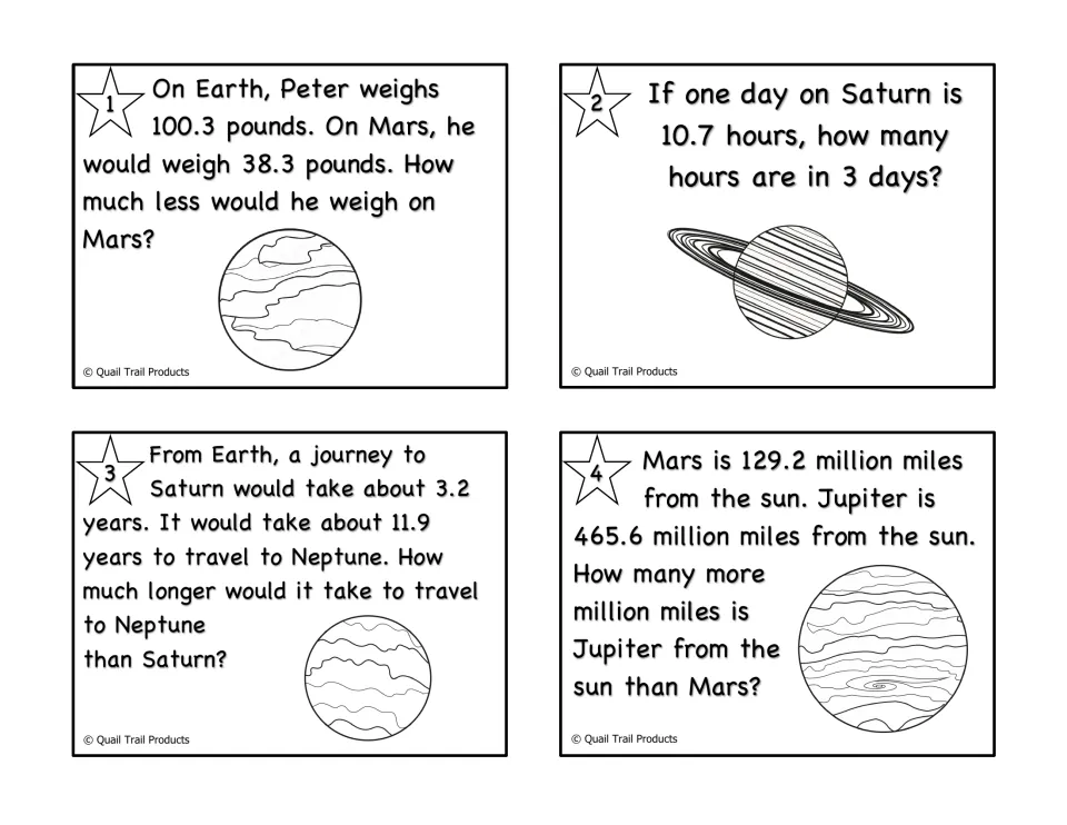 Black-and-white decimal cards 1–4 cover planetary weights, Saturn days, travel times, and sun distances