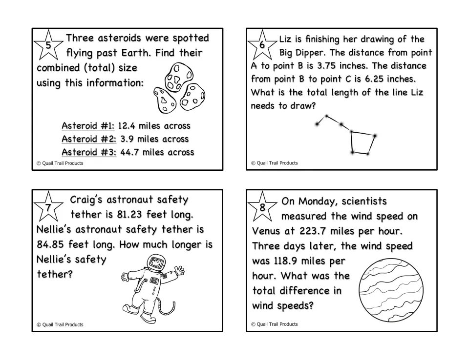 Black-and-white decimal cards 5–8 cover asteroids, a Big Dipper drawing, astronaut tethers, and Venus winds