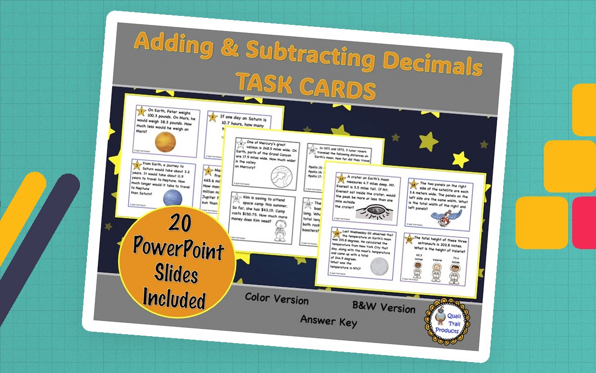 Adding & Subtracting Decimals Task Cards AND PowerPoint Slides teaching resource preview