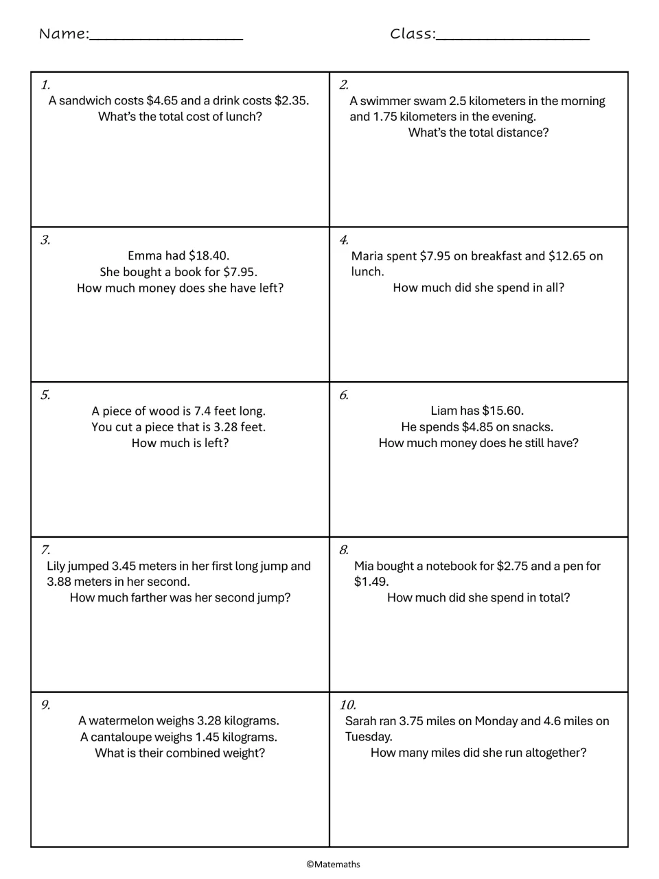 Decimal word problems 1–10 on the worksheet: lunch costs, swimming distances, money left, and measurements.