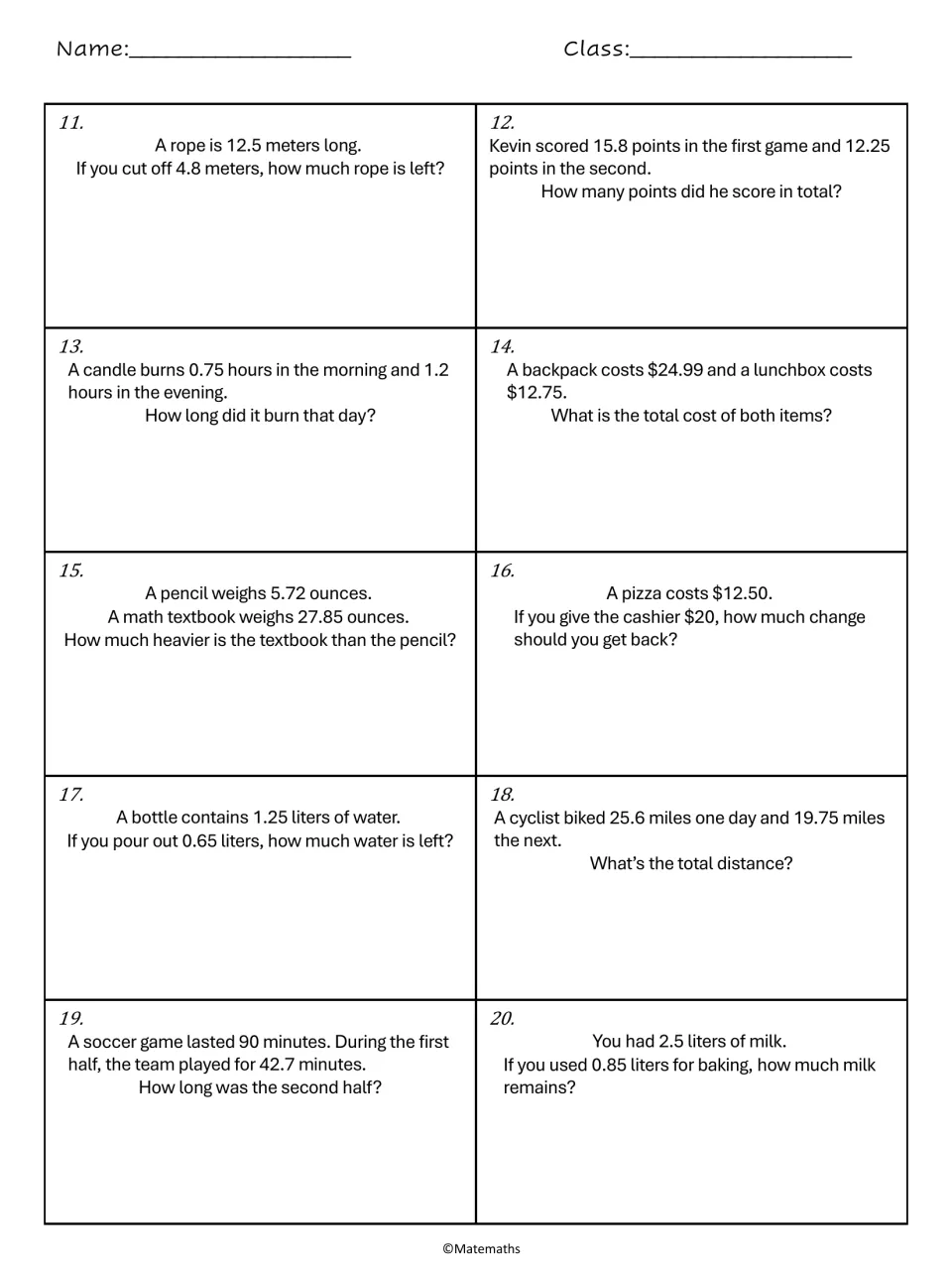 Decimal word problems 11–20 on the worksheet: rope length, game points, candle burn time, and seven more.
