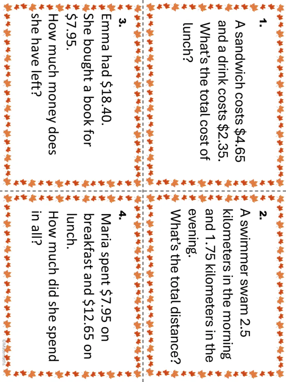 Decimal task cards 1–4 repeat worksheet problems about lunch costs, swimming, Emma's money, and Maria's meals.