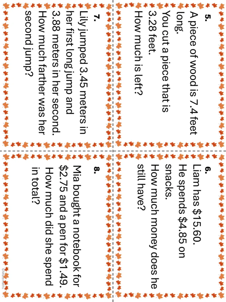 Decimal task cards 5–8 repeat worksheet problems about cutting wood, buying snacks, long jumps, and supplies.