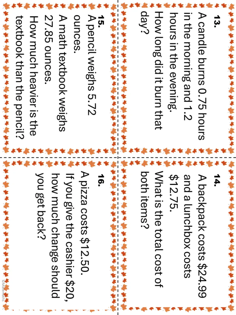 Decimal task cards 13–16 repeat worksheet problems about candle burn time, school gear, weights, and change.