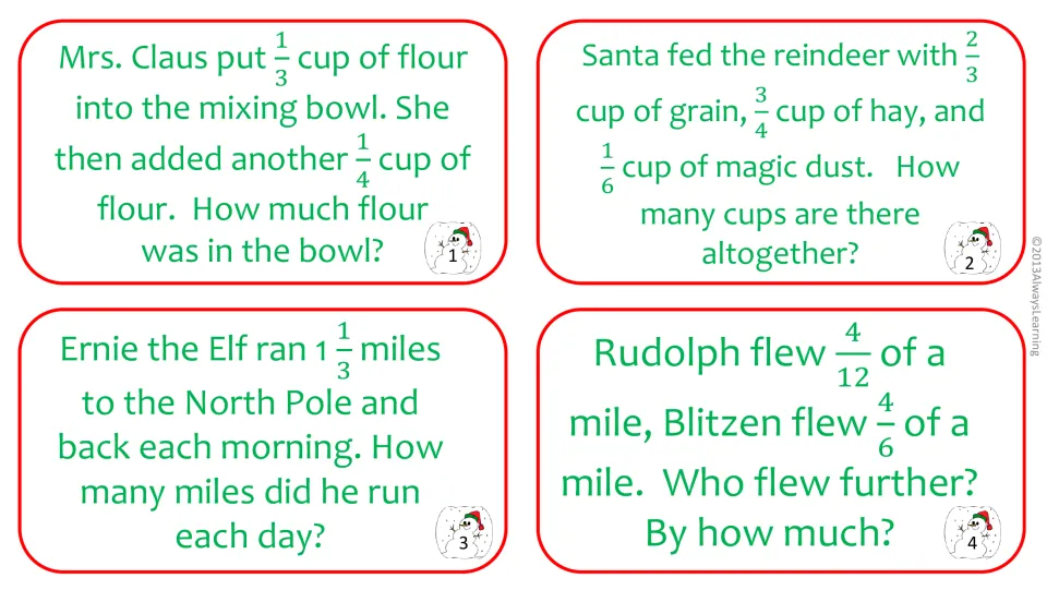 Fraction word problems 1-4: adding cups of flour and reindeer feed, doubling 1 1/3 miles, comparing 4/12 and 4/6 mile