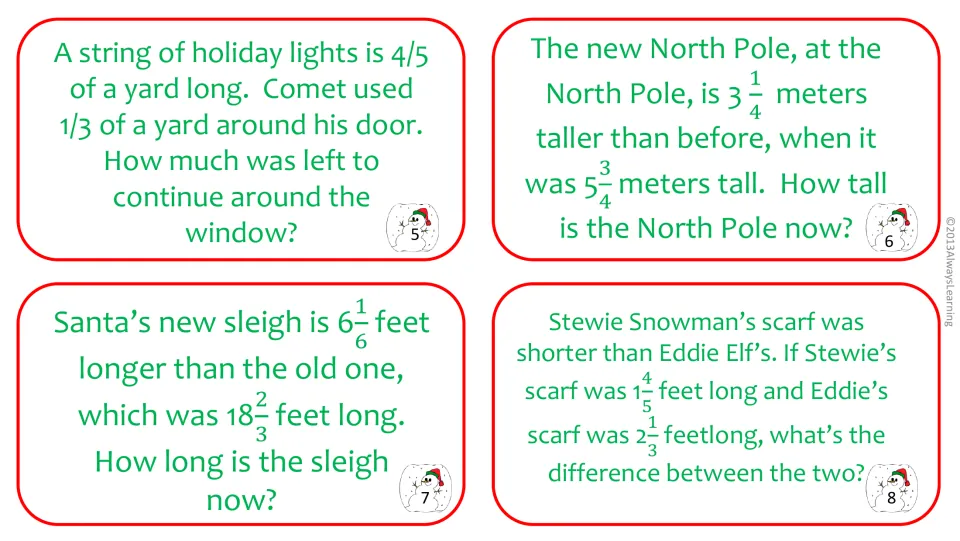 Cards 5-8: subtracting 1/3 from 4/5 yard of lights, adding mixed numbers for pole and sleigh, comparing scarf lengths