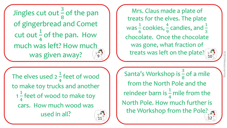 Cards 9-12: word problems on gingerbread pans, a plate of elf treats, wood for trucks and cars, and Workshop distances