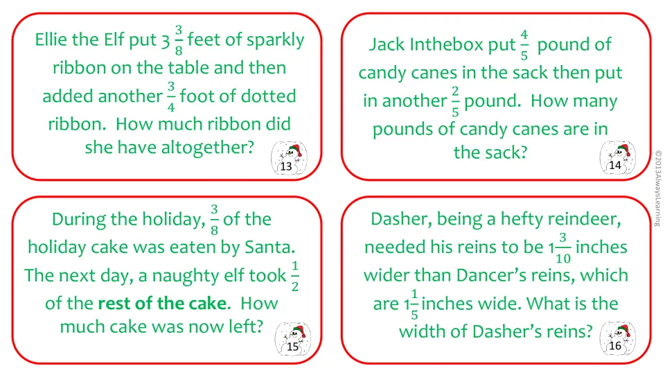 Cards 13-16: adding ribbon lengths and candy cane pounds, finding leftover holiday cake, and the width of Dasher's reins