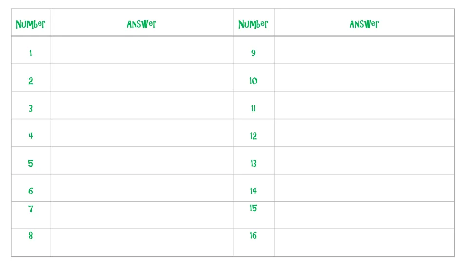 Student answer sheet with numbered spaces 1 to 16 where students record the solution to each fraction word problem card