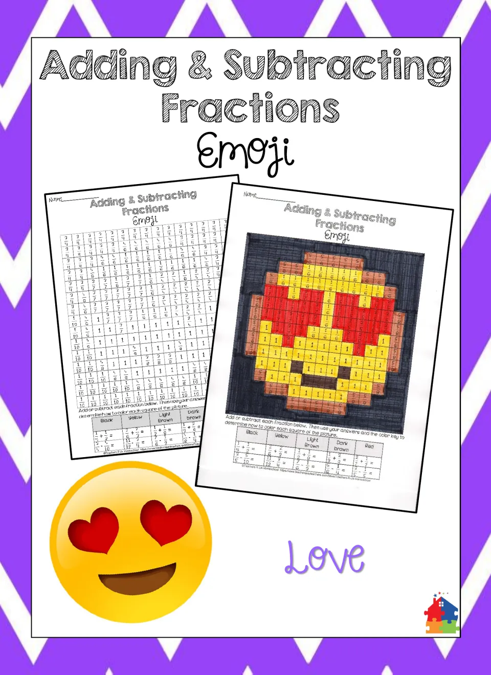 Cover of the fraction coloring activity, showing an uncolored worksheet and a completed heart-eyes emoji