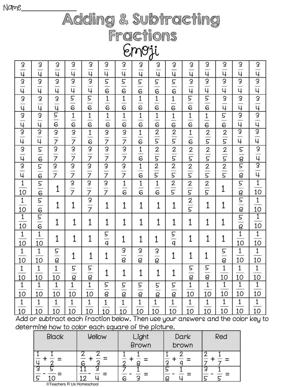 Fraction coloring worksheet: solve 10 addition and subtraction problems to reveal a heart-eyes emoji