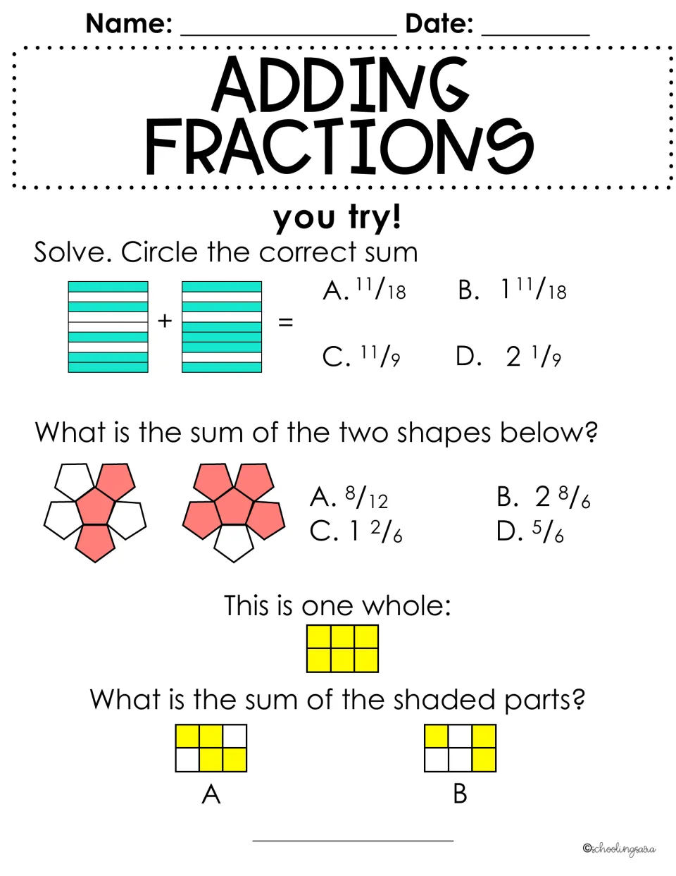 Adding fractions practice: students find the sum of shaded bar, pentagon and grid models, mostly multiple choice