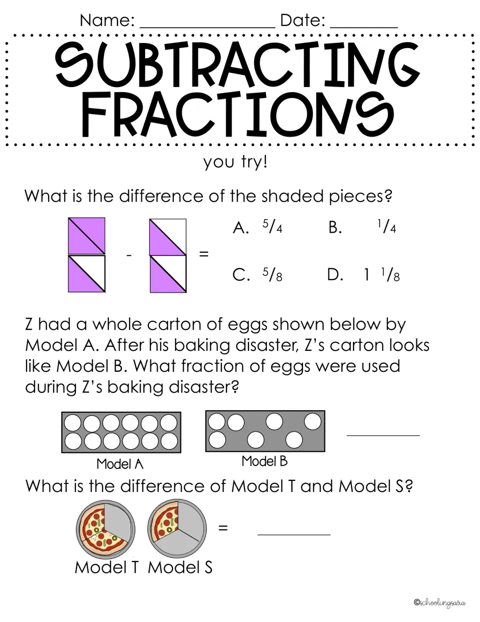Subtracting fractions practice: students find differences of shaded squares, an egg carton story and two pizza models