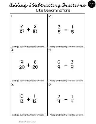 Adding & Subtracting Fractions Math Worksheets – cover