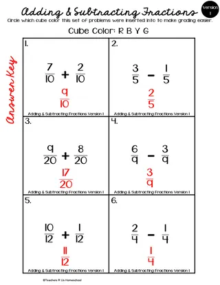 Adding & Subtracting Fractions Math Worksheets – sample page 2
