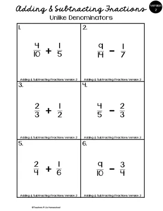 Adding & Subtracting Fractions Math Worksheets – sample page 3