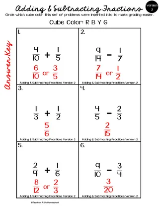 Adding & Subtracting Fractions Math Worksheets – sample page 4