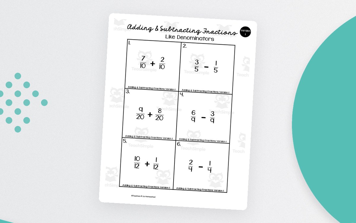 Fraction worksheet first image with six addition and subtraction equations