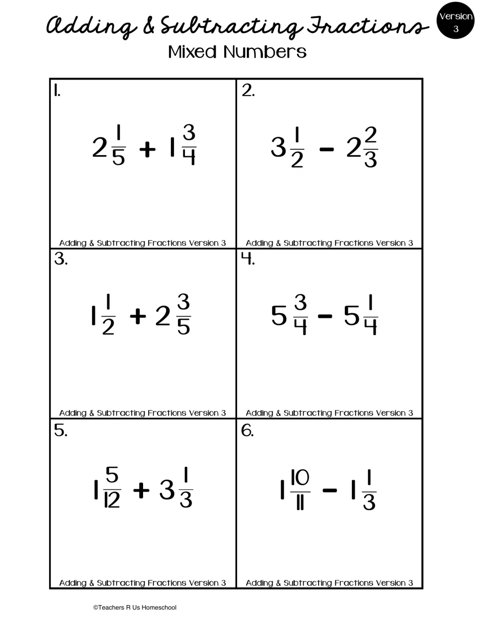 Mixed numbers, Version 3: students add and subtract six mixed-number pairs such as 2 1/5 + 1 3/4 and 3 1/2 - 2 2/3
