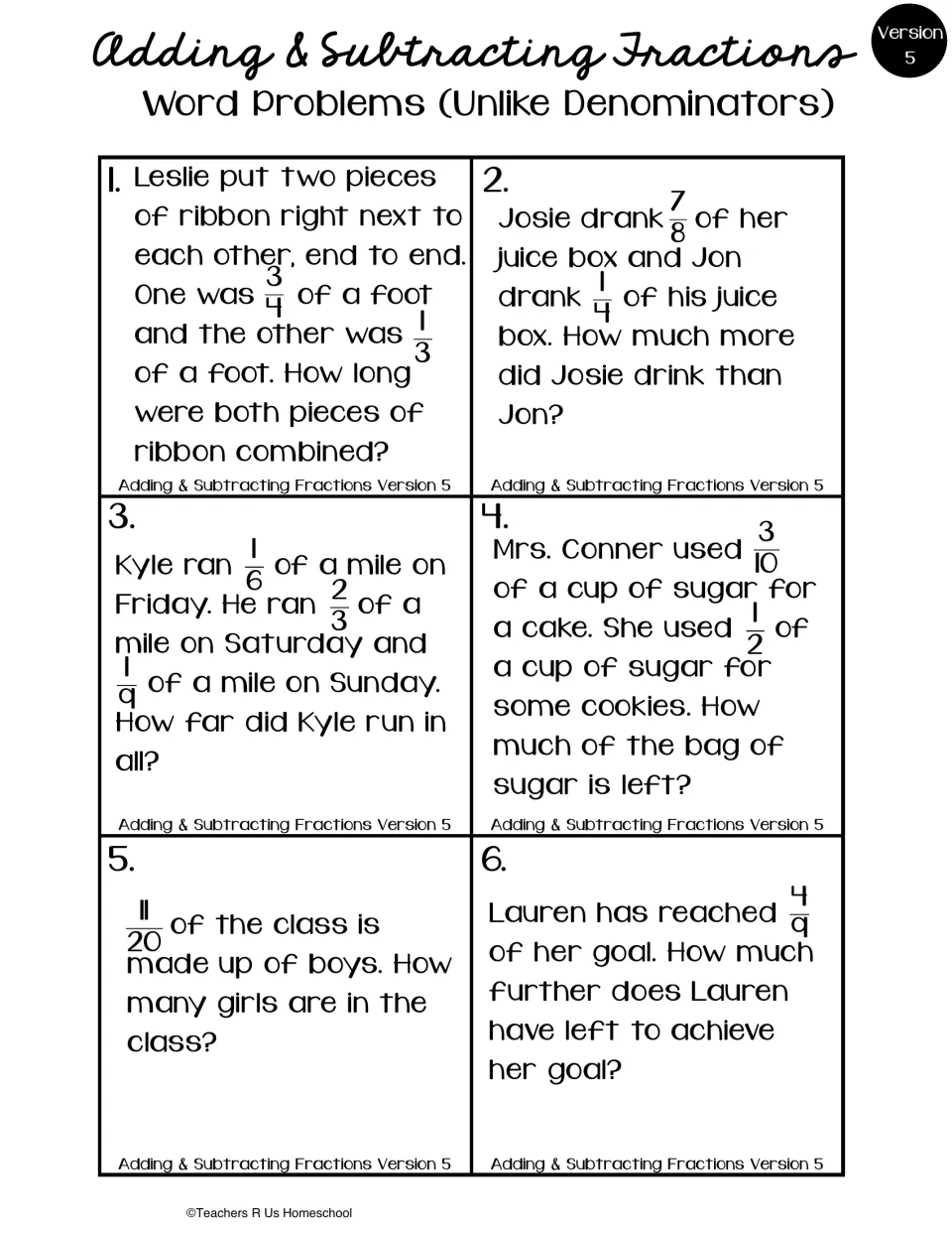 Unlike-denominator word problems, Version 5: students find common denominators to add or subtract in six stories