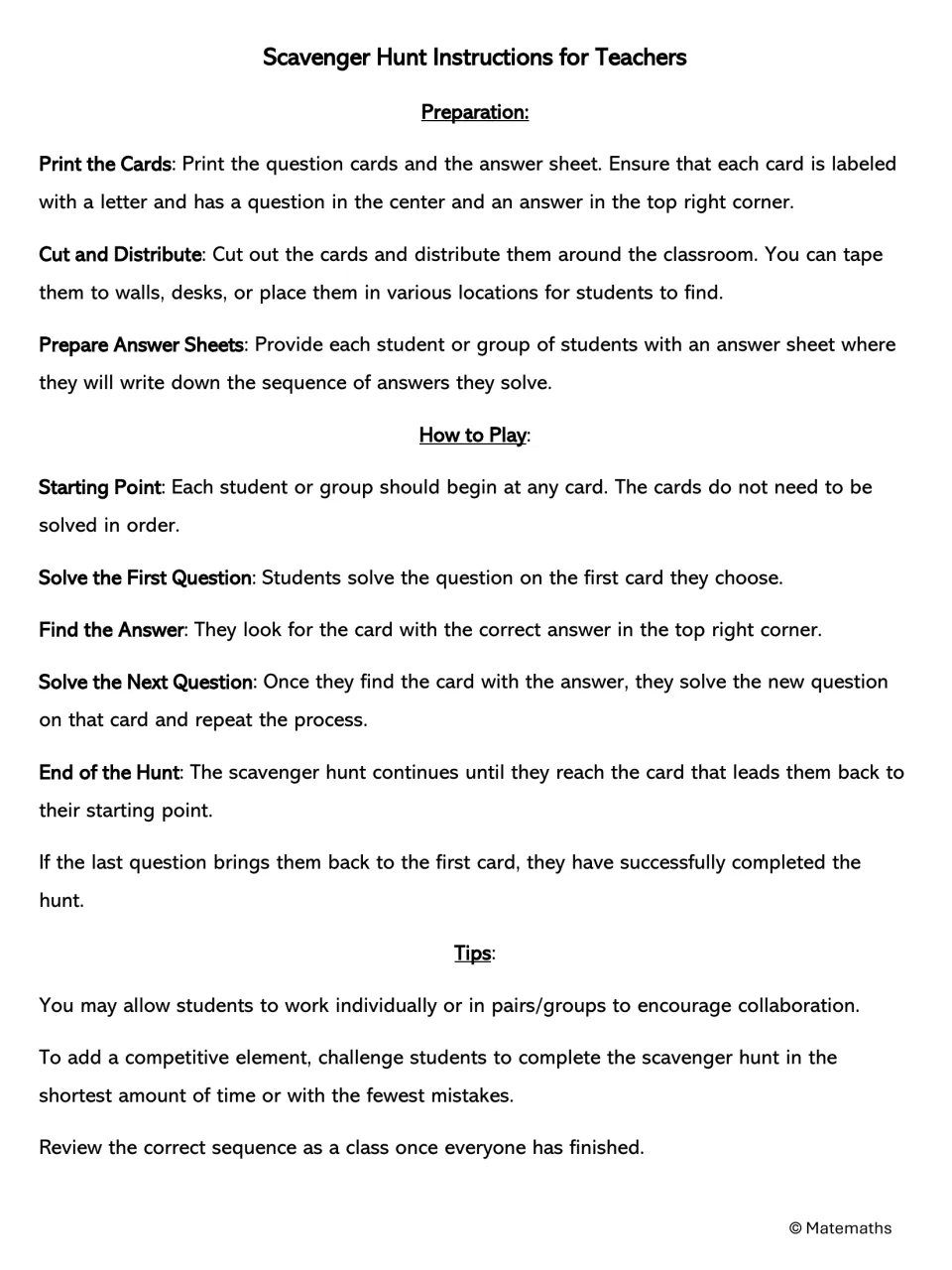 Teacher directions for the fraction hunt: print and cut out lettered cards, post them around the room, then play and review