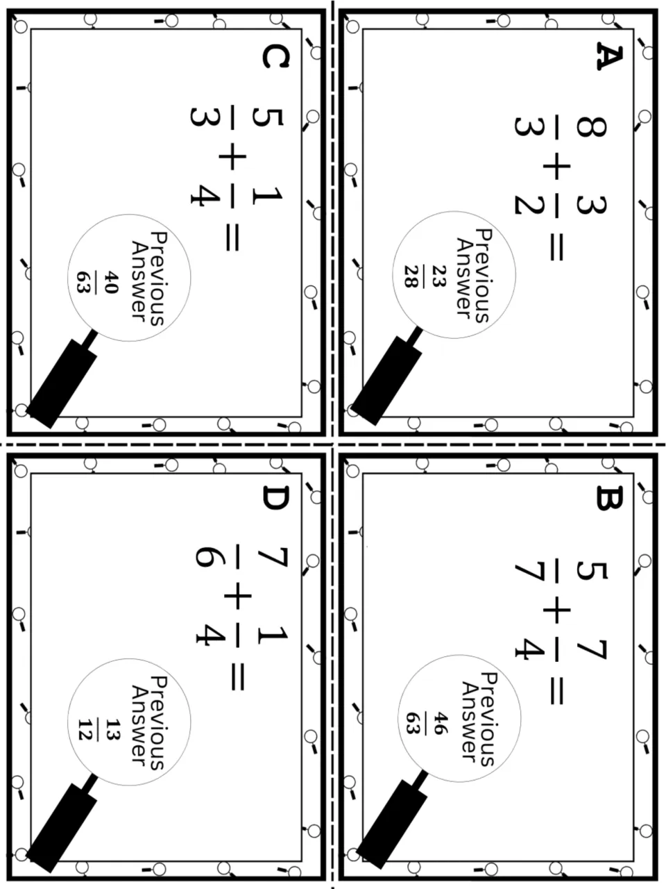 Hunt cards A to D: students add fractions with unlike denominators, such as 8/3 + 3/2, each card showing a previous answer