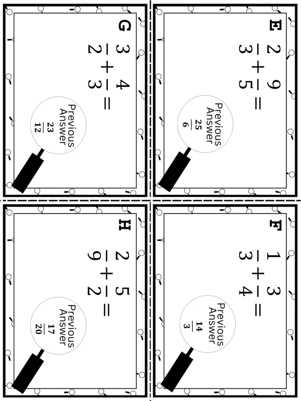 Hunt cards E to H: more addition of unlike fractions, such as 2/3 + 9/5 and 2/9 + 5/2, plus a previous answer on each