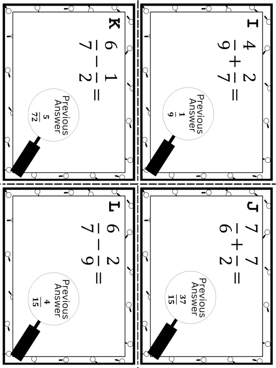 Hunt cards I to L: two addition problems like 4/9 + 2/7, then subtraction begins with 6/7 - 1/2 and 6/7 - 2/9