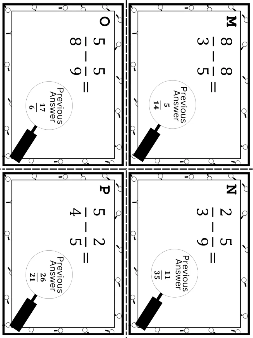 Hunt cards M to P: subtracting fractions with unlike denominators, such as 8/3 - 8/5 and 5/8 - 5/9, with prior answers shown