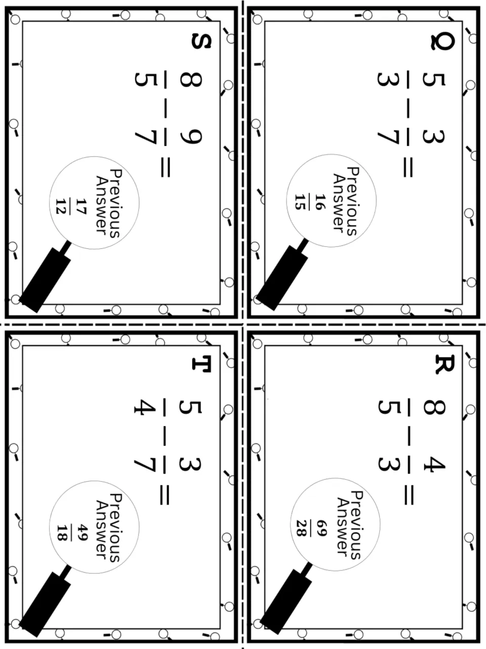 Hunt cards Q to T: final subtraction problems, such as 5/3 - 3/7 and 8/5 - 9/7, each linking to a previous answer