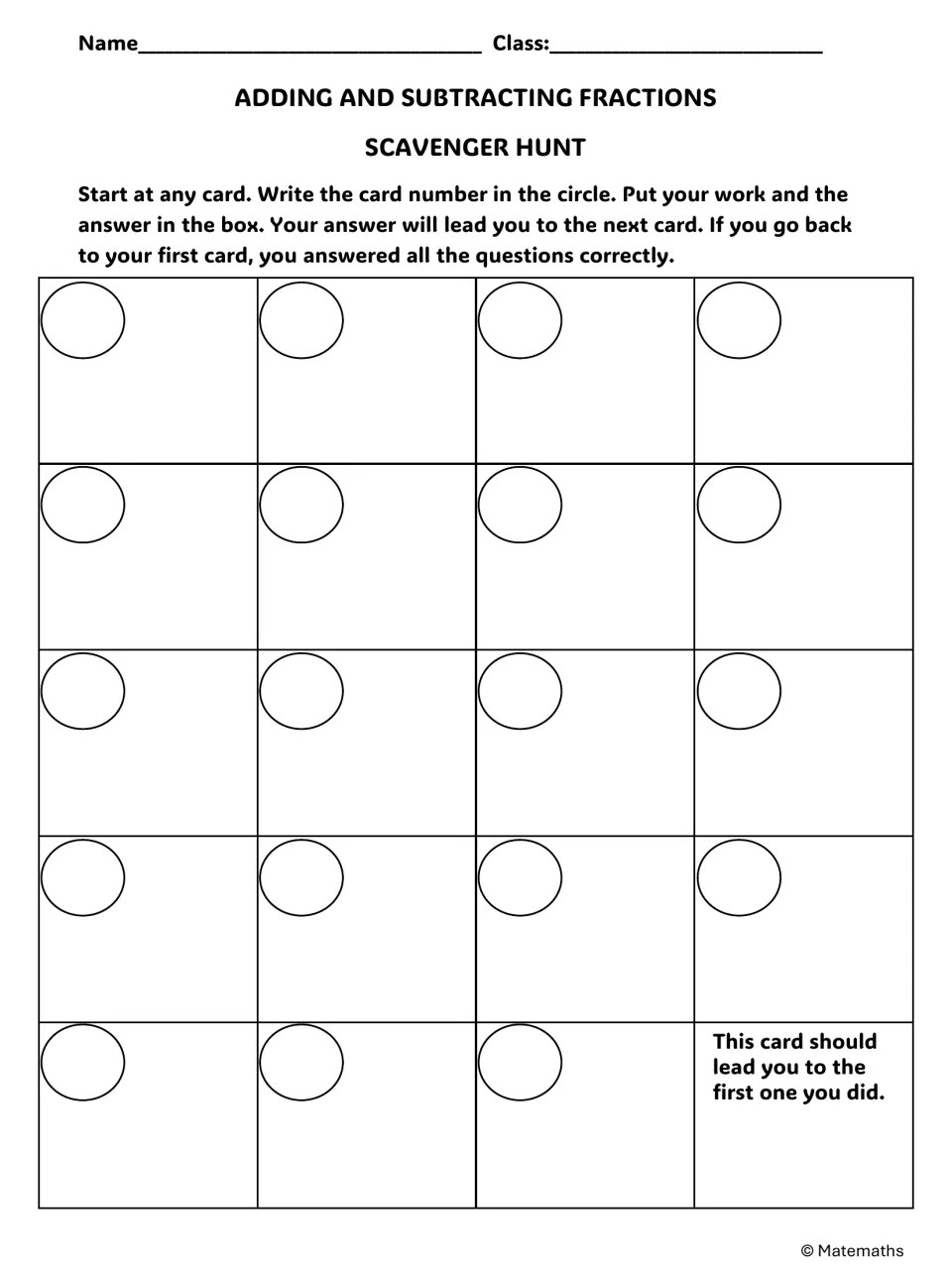 Fractions recording sheet: students write each card number in a circle, show their work and answer, and follow the chain