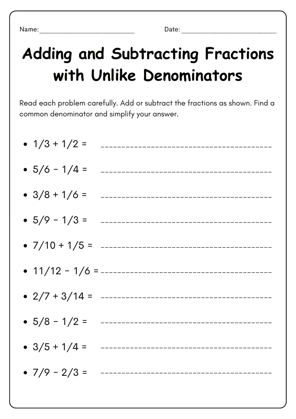 Mixed fraction operations: students read each sign, then add or subtract 10 unlike pairs such as 1/3 + 1/2 and 5/9 − 1/3