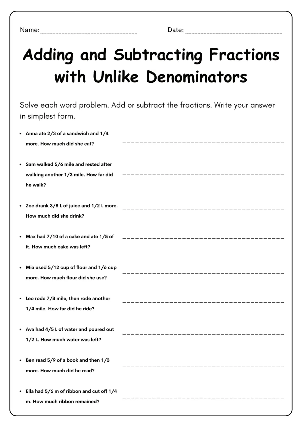 Fraction word problems: students add or subtract unlike fractions in 9 stories about cake, miles, juice, flour and ribbon