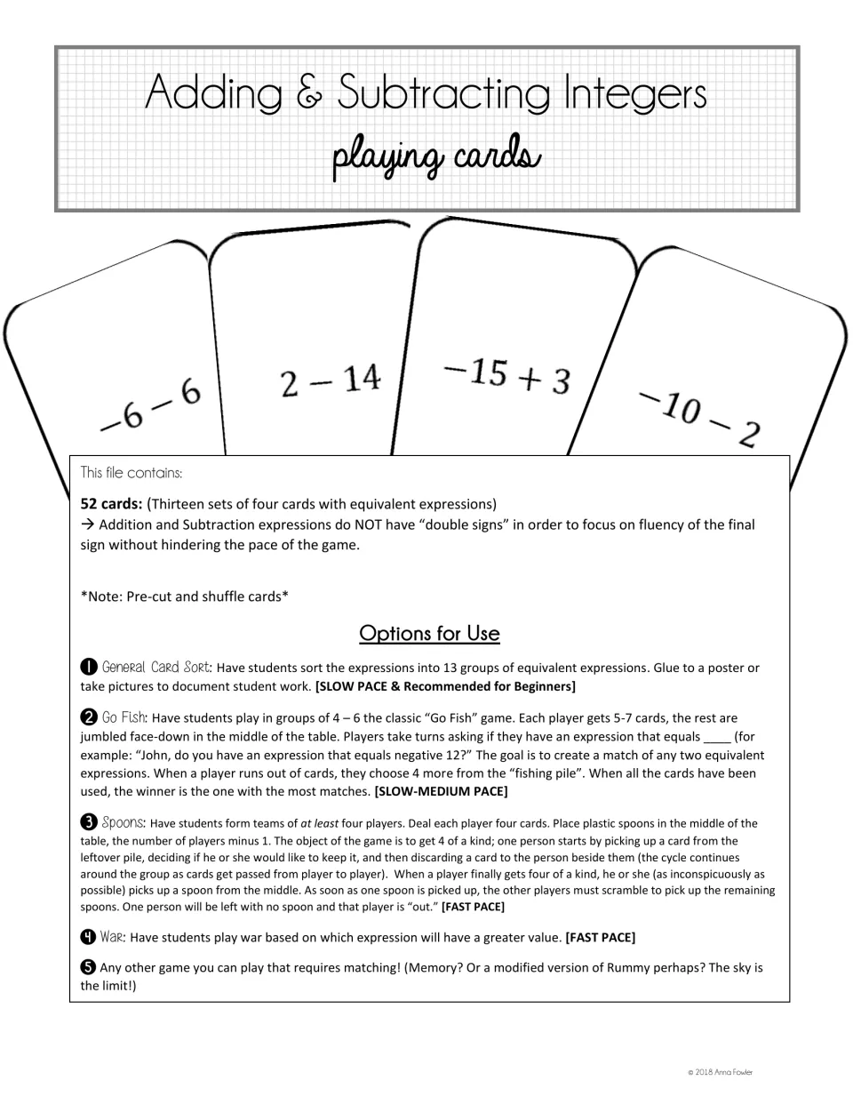 Integer playing cards title page: 52 cards in 13 equivalent sets, plus rules for card sort, Go Fish, Spoons and War