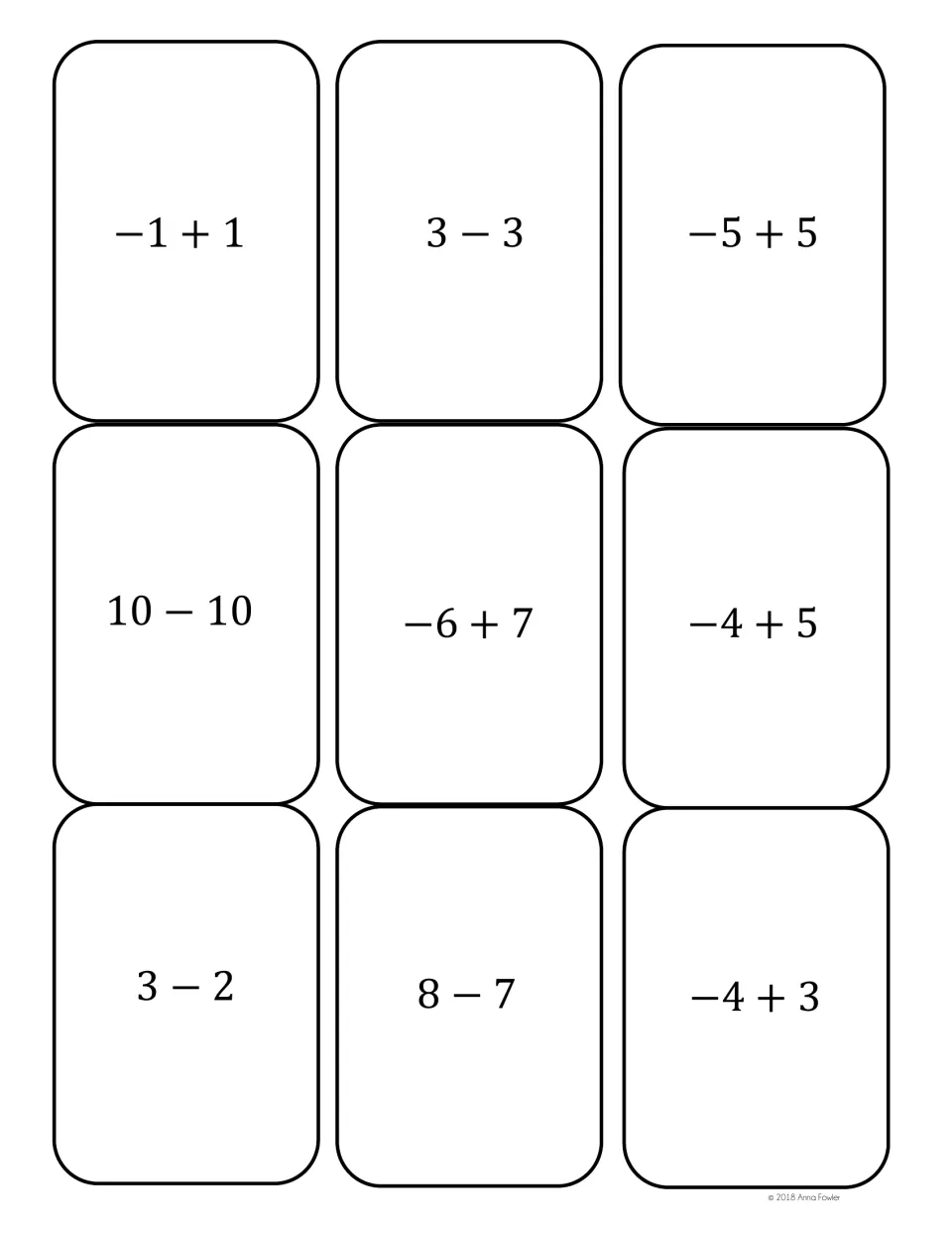 Integer expression cards equal to 0, 1 and -1, such as -1 + 1, 10 - 10, -6 + 7 and -4 + 3, for matching equal values