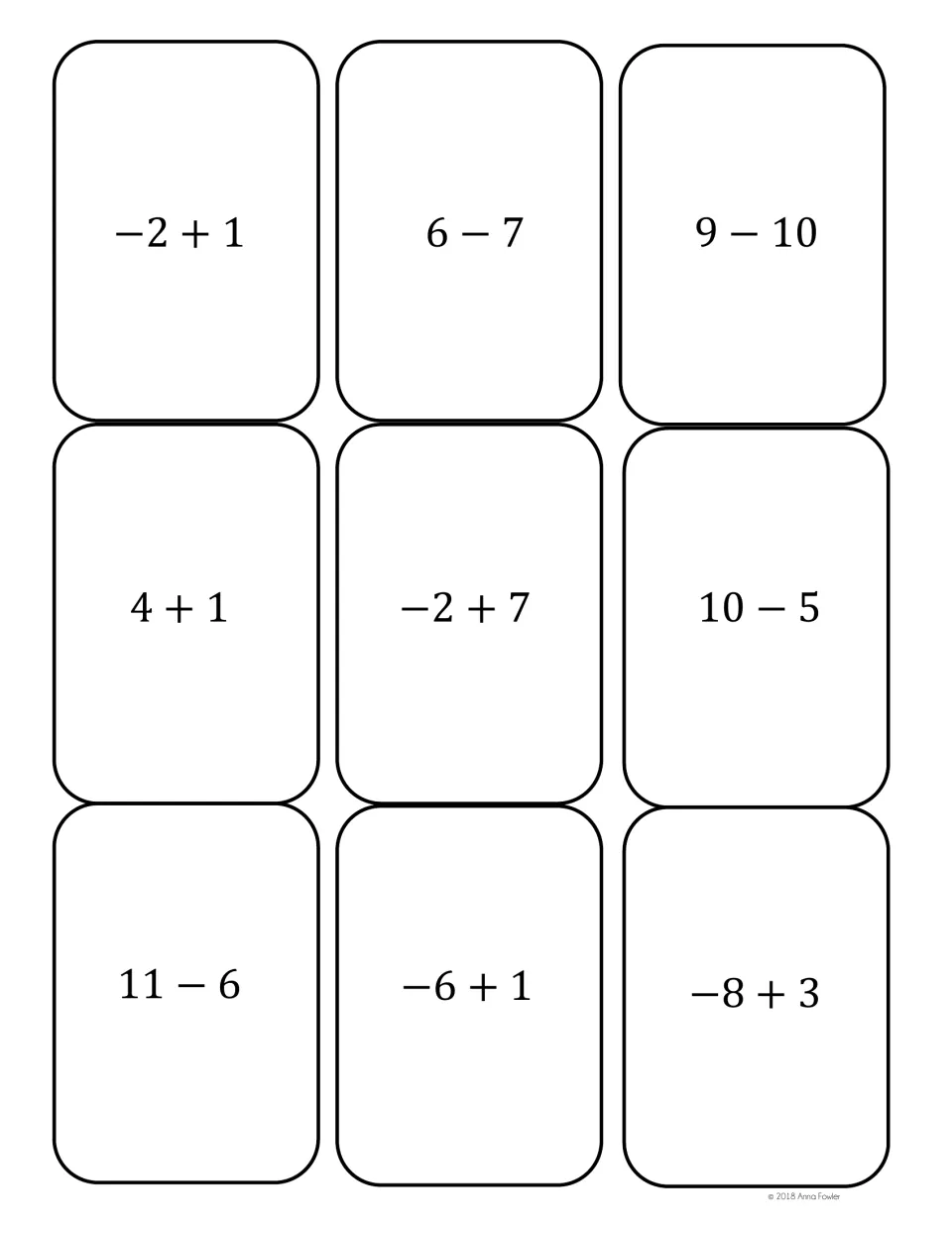 Integer sum and difference cards worth -1, 5 and -5, including 6 - 7, -2 + 7, 11 - 6 and -8 + 3, to group by value