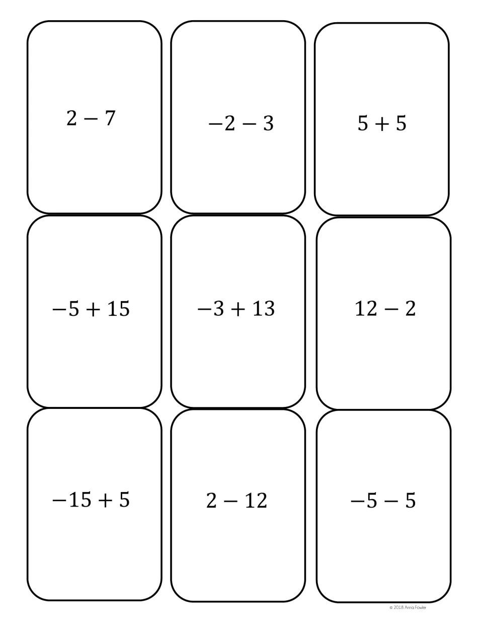 Integer expressions with values -5, 10 and -10, like -2 - 3, -5 + 15, 12 - 2 and -15 + 5, for students to pair up