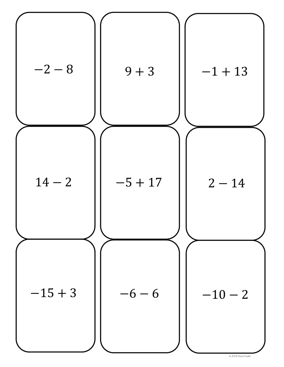 Adding and subtracting integers to 12 and -12: cards such as 9 + 3, -5 + 17, 2 - 14 and -10 - 2 to match by result