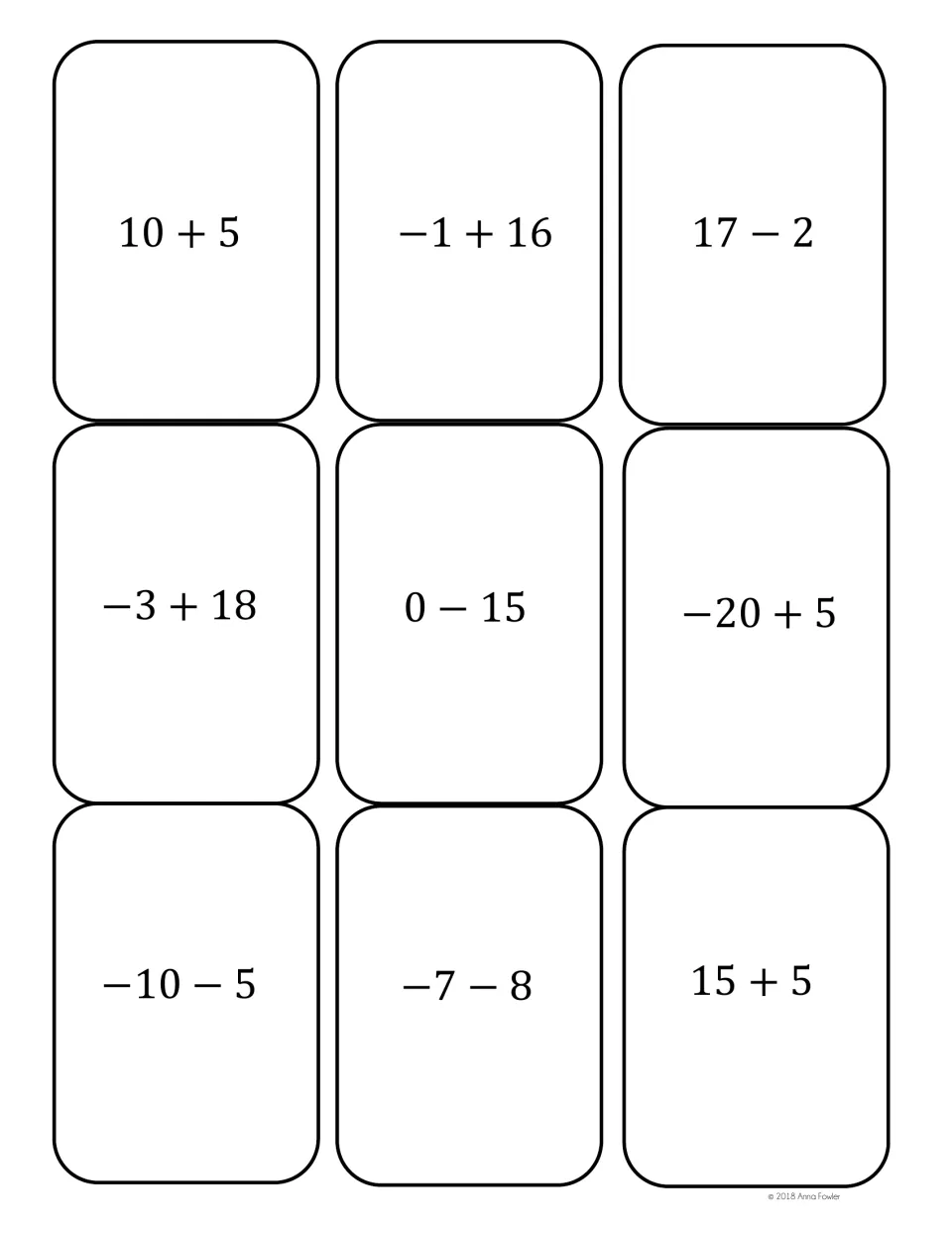 Integer cards totaling 15, -15 and 20, including -1 + 16, 0 - 15, -7 - 8 and 15 + 5, for finding equivalent expressions