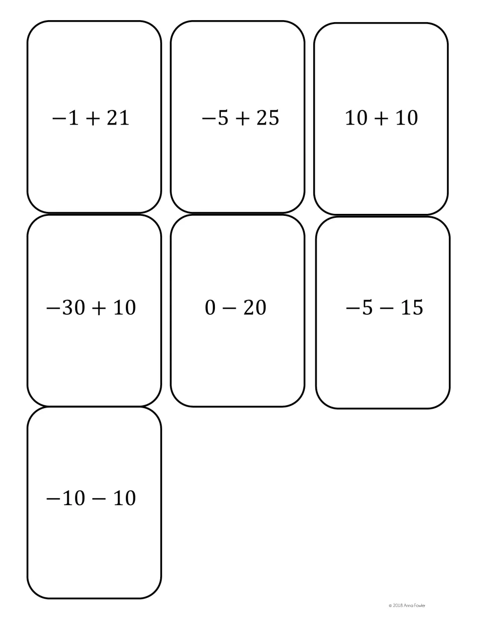 Final integer cards worth 20 and -20, from -1 + 21 and 10 + 10 to -30 + 10 and -5 - 15, for matching equal sums