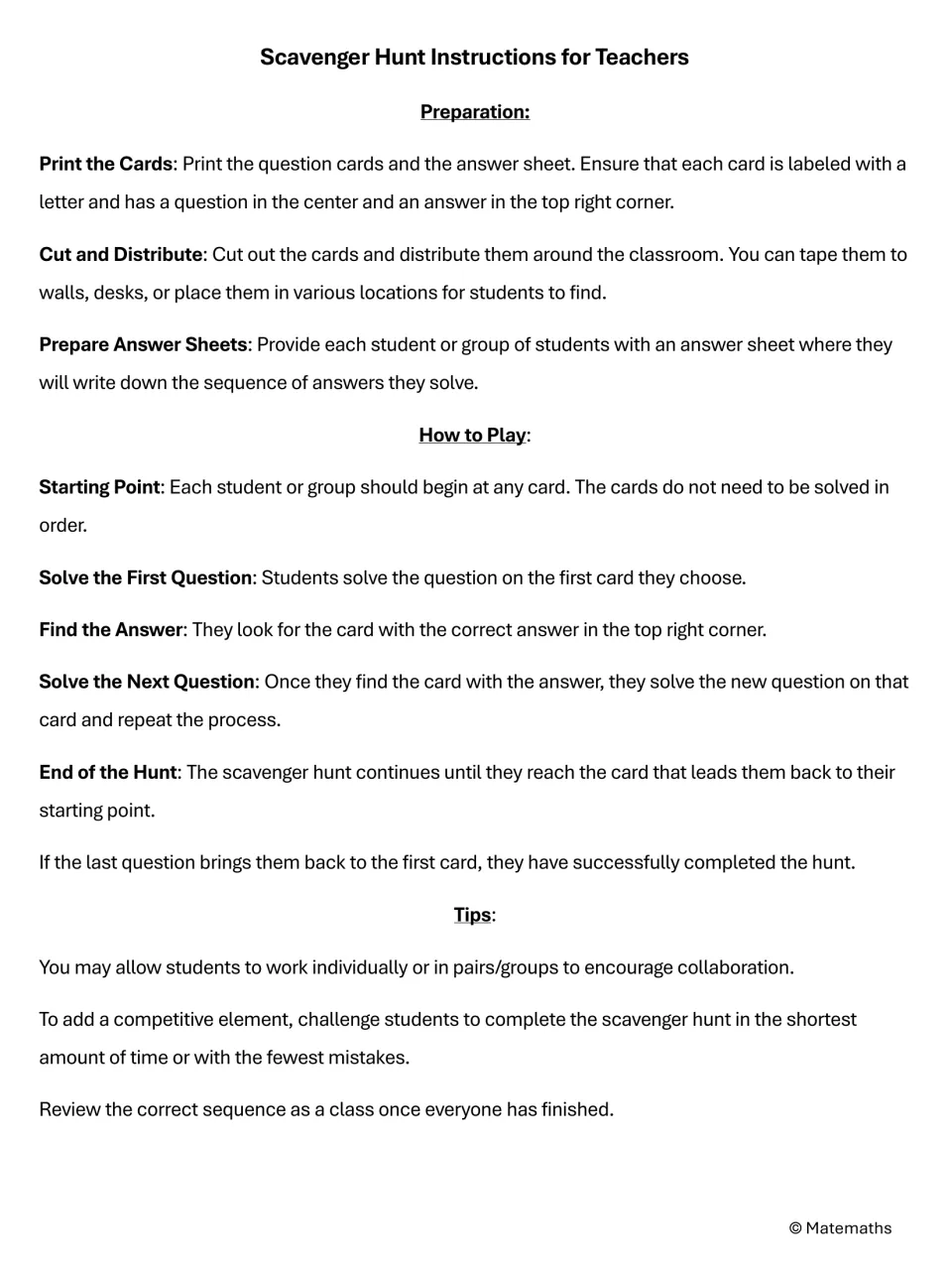 Scavenger hunt teacher instructions: preparing letter cards, how students chain answers card to card, and play tips