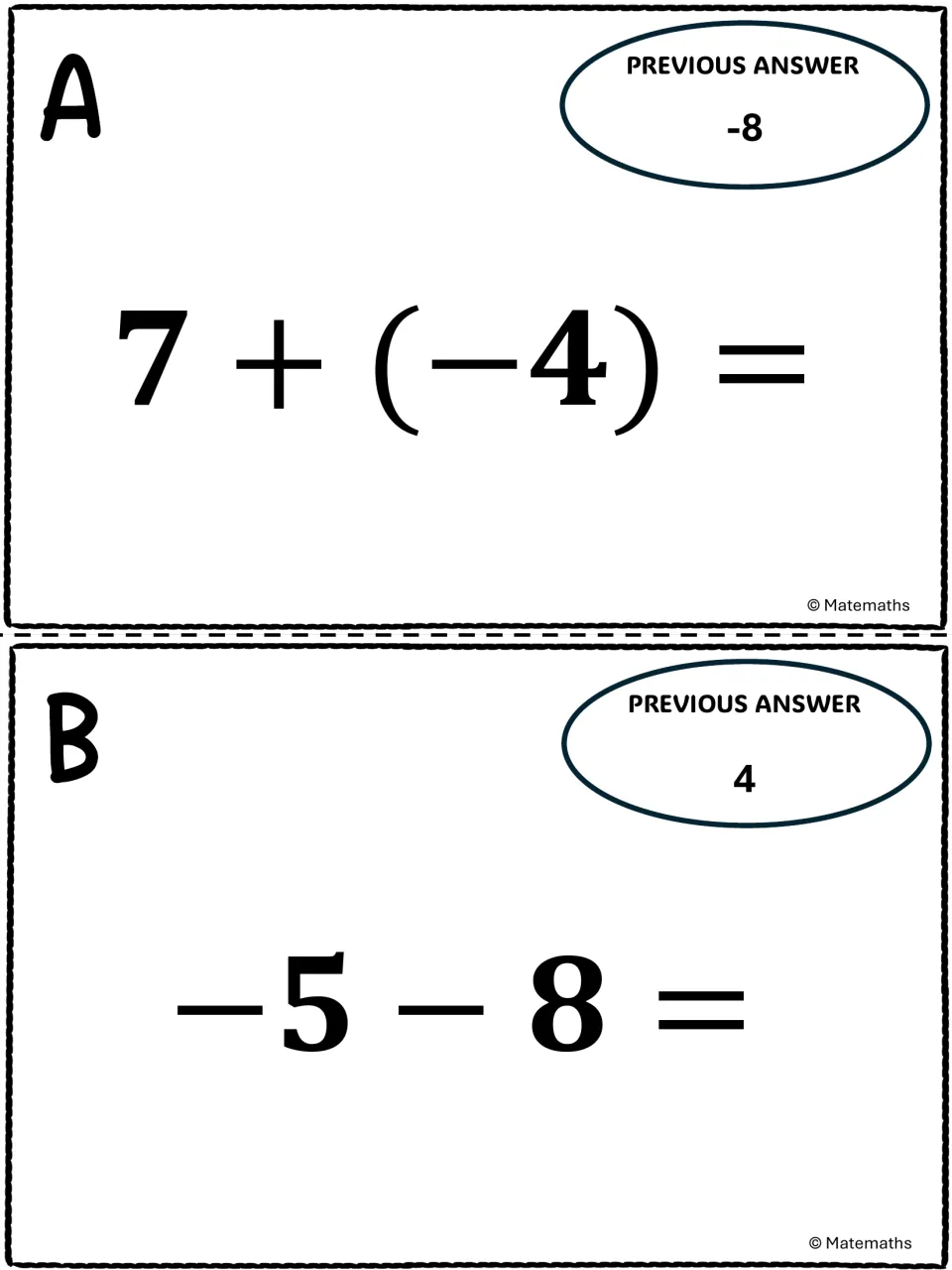 Integer task cards A and B: students solve 7 + (-4) and -5 - 8, then find the card showing their answer